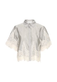 Blusa de manga corta en tela plateada rayada, con un bordado de encaje a lo largo del dobladillo y las mangas, cuello con solapa y cierre de botones.
