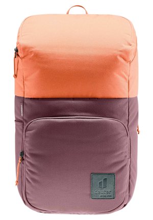Backpack with a top section in orange and a lower section in dark purple. Features a front zip pocket and a label on the lower part.