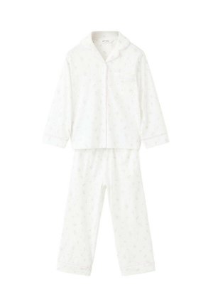White long-sleeve button-up pajama top and matching pants with small scattered floral print and pink piping details.