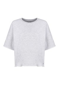 Jasnoszary, krótki T-shirt z krótkim rękawem i okrągłym dekoltem. Miękka tekstura, surowe wykończenie oraz subtelne detale szwów. Minimalna metka z brandingiem na dolnym wykończeniu.