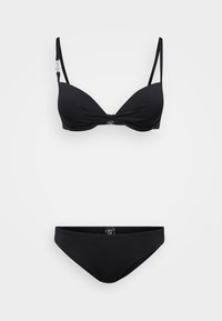 Černý bikiny set se zkrouceným designem ve středu podprsenky, nastavitelné popruhy a klasicky střiženým spodním dílem. Hladký materiál.