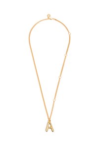 Collana d'oro con una catena testurizzata, accentuata da elementi circolari e un pendente a forma di lettera "A" di grande impatto.