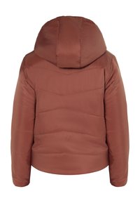 Giacca a vento bordeaux con cappuccio rimovibile, caratterizzata da cuciture trapuntate e una finitura testurizzata, progettata per calore e comfort.