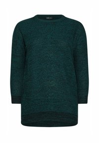 Gepolijste turquoise gebreide trui met een ronde halslijn en driekwartmouwen. Gestructureerd patroon door de hele trui, ontspannen pasvorm en een zoom onder de taille.