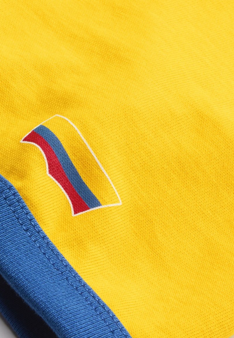 Tissu jaune avec bordure bleue présentant un petit patch d'un drapeau avec des bandes horizontales jaunes, bleues et rouges.