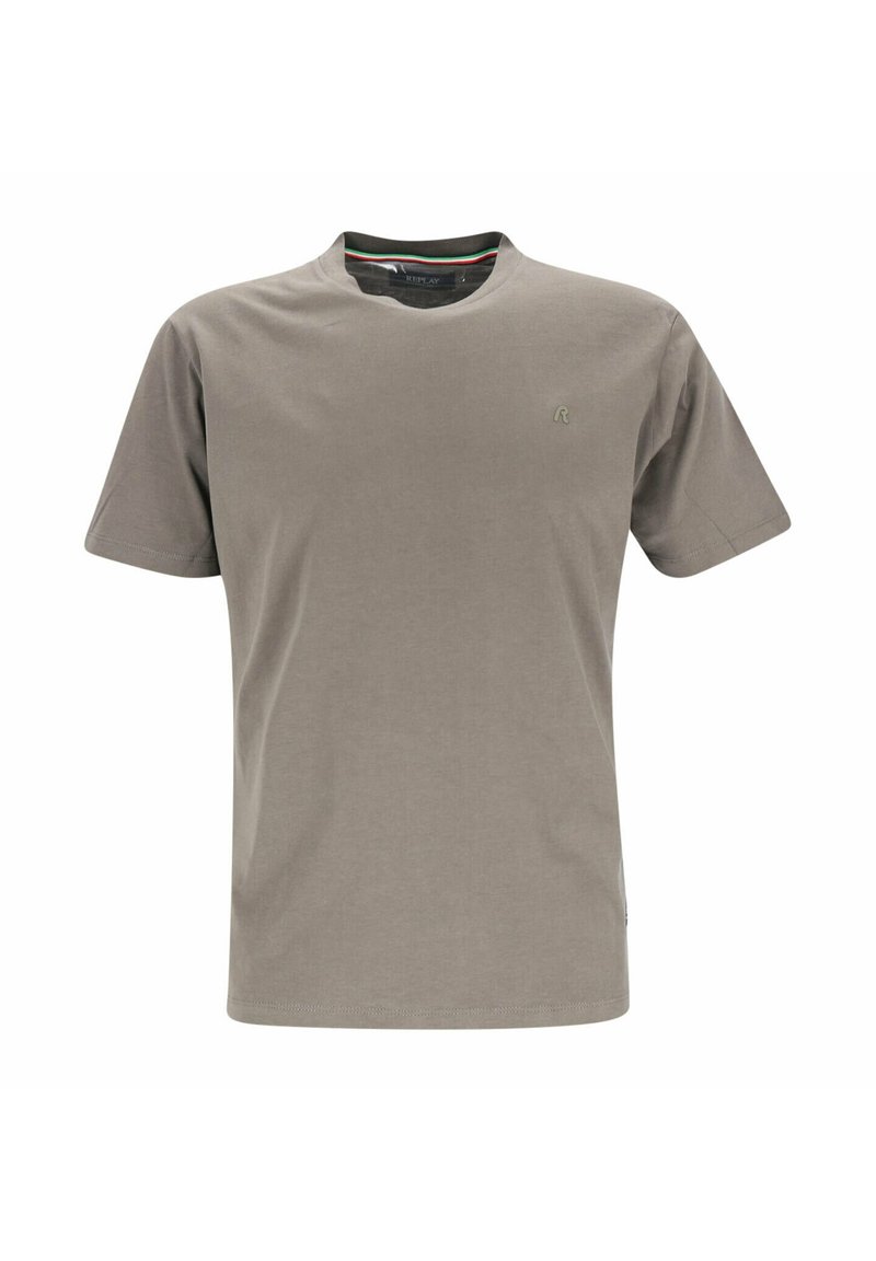 Grå bomullst-shirt med rund hals, korta ärmar och en diskret logga på vänster bröst. Mjuk textur och avslappnad design.