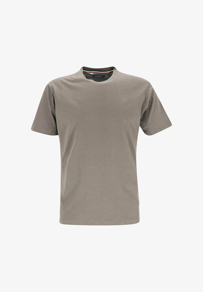 Grå bomullst-shirt med rund hals, korta ärmar och en diskret logga på vänster bröst. Mjuk textur och avslappnad design.