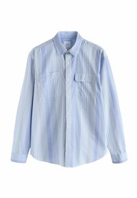 Šviesiai mėlynas dryžuotas marškinėliai su plačiu apykakle, dviem priekinėmis kišenėmis ir ilgomis rankovėmis. Audinys atrodo minkštas su lygiu paviršiumi.