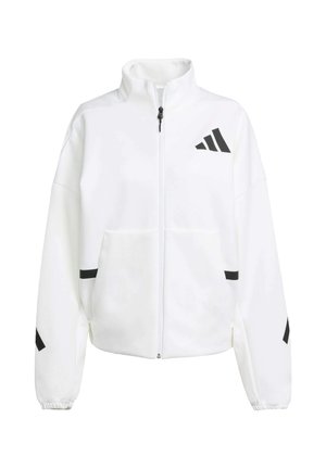 Hvid zip-up jakke lavet af et blødt stof, med en opretstående krave, sorte detaljer og et logo designet på venstre bryst og ærmerne.