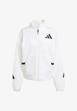 White zip-up jacket made of a soft fabric, featuring a stand-up collar, black accents, and a logo design on the left chest and sleeves.