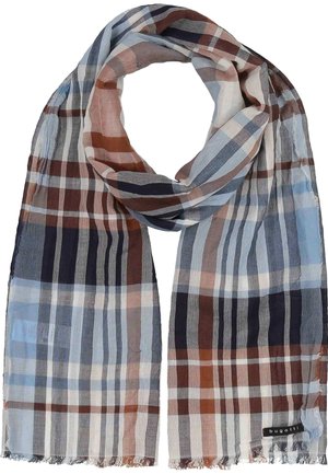 Lightweight plaid scarf with blue, brown, black, and white stripes, showing fringed edges and a small "bugatti" brand tag.
