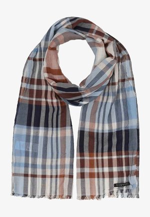 Leichter karierten Schal mit blauen, braunen, schwarzen und weißen Streifen, zeigt fransige Ränder und ein kleines "bugatti" Markenetikett.