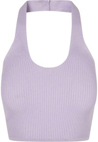 Top corto a costine color lavanda con ampia scollatura a halter. Realizzato in materiale morbido, presenta un design aderente e una texture liscia.