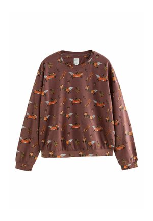Brauner Sweatshirt mit einem Allover-Druck von Füchsen und Laub in Orange, Grün und Schwarz, mit rundem Ausschnitt und elastischen Bündchen.
