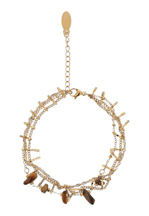 Arany színű, többszálas karkötő texturált rúd alakú charmokkal és barna kő díszítésekkel, rákkapcsos zárral és állítható lánchosszabbítóval.