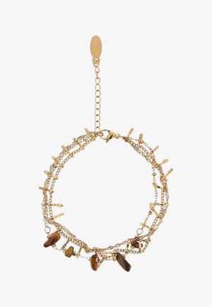 Arany színű, többszálas karkötő texturált rúd alakú charmokkal és barna kő díszítésekkel, rákkapcsos zárral és állítható lánchosszabbítóval.