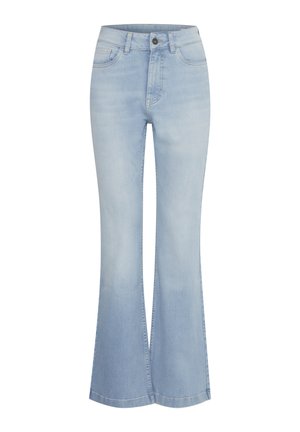 Light blue high-waist denim jeans with flared legs, five pockets, belt loops, and a front button and zipper closure.