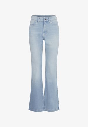 Light blue high-waist denim jeans with flared legs, five pockets, belt loops, and a front button and zipper closure.