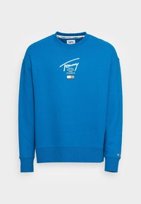 Blaues Sweatshirt aus Baumwollmischung, mit Rundhalsausschnitt, Rippbündchen und einem weißen Grafiklogo auf der Vorderseite. Einfarbiger Hintergrund.