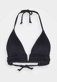 Črn bikini top z teksturiranim vzorcem, ki ima trokutaste skodelice, nastavljive poveznice na vratu in hrbtu ter brezšivni pas.