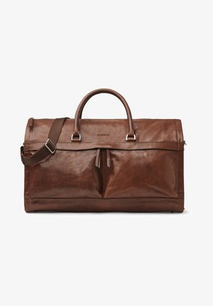 Brun läderväska med slät textur, dubbla handtag, avtagbar axelrem och framficka med dragkedja. Utrustad med metallbeslag.