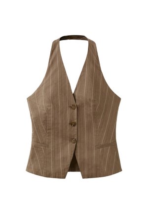 Gilet marron à fines rayures sans manches avec un profond col en V, trois boutons à l'avant et deux petites poches avant, coupe ajustée.