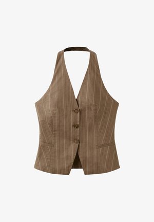 Gilet marrone a righe sottili senza maniche con scollatura a V profonda, tre bottoni frontali e due piccole tasche anteriori, vestibilità su misura.