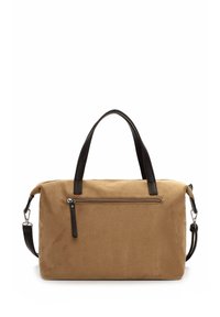 Tan canvas bag with a textured brown leather bottom and handles. Features a zippered pocket on the back and detachable shoulder strap.