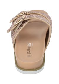 Tvåremmad slide-sandal i roséguld med glitter. Har två justerbara spännen, en dämpad sula och en vit gummiyttersula.