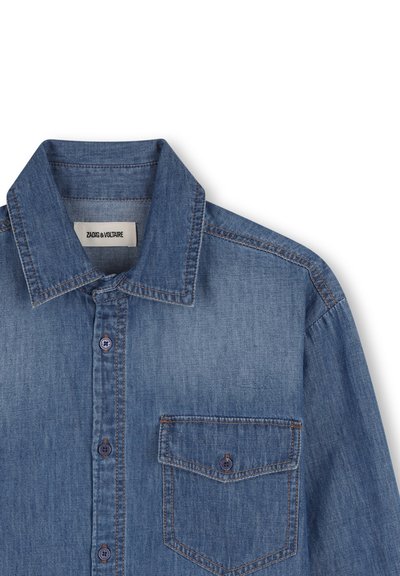 Denim shirt with a classic collar, blue hue, front pocket, button closure, and stitching details, made from soft, textured fabric.
