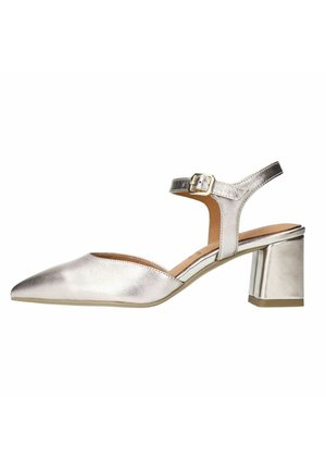 Silver metallic high-heeled shoe with a pointed toe, ankle strap, adjustable buckle, and a block heel, featuring smooth texture and minimal detailing.