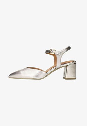 Silver metallic high-heeled shoe with a pointed toe, ankle strap, adjustable buckle, and a block heel, featuring smooth texture and minimal detailing.