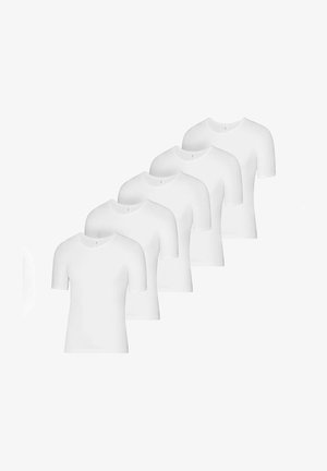 Fünf schlichte weiße T-Shirts. Kurzärmelig, Rundhalsausschnitt, aus glattem Stoff gefertigt. Einheitliche Form und Farbe durchgehend.