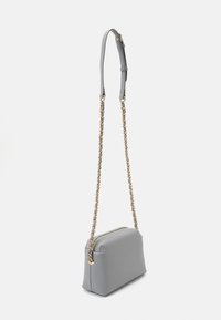Borsa a tracolla grigia in finta pelle con tracolla in oro, forma rettangolare, chiusura con zip e texture liscia.