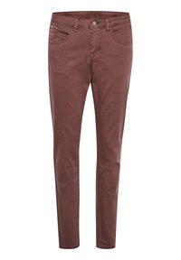 Jeans skinny de mezclilla marrón con una cintura de altura media, diseño de cinco bolsillos y detalles de costura en contraste. Textura suave con un ligero brillo.