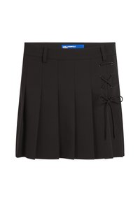 Musthave mustriga seeliku must pleeditud disain, külgmiste nöörimise detailidega, valmistatud kangast, millel on taljeosa ja sujuv äär, et luua struktureeritud välimus.