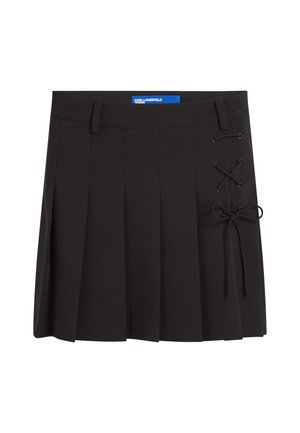 Falda negra plisada con detalle lateral de cordones, hecha de tela, que presenta una cinturilla ajustada y un dobladillo sin costuras para un aspecto estructurado.