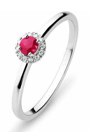 Silberring mit einem runden roten Edelstein, umgeben von einem Halo aus kleinen klaren Steinen, glatter Band mit polierter Oberfläche.