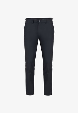 Czarne dopasowane spodnie materiałowe. Wykonane z lekkiego materiału, z guzikowym zapięciem i szlufkami na pasek, gładką fakturą oraz bez widocznych wzorów.