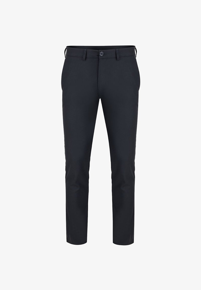 Czarne dopasowane spodnie materiałowe. Wykonane z lekkiego materiału, z guzikowym zapięciem i szlufkami na pasek, gładką fakturą oraz bez widocznych wzorów.