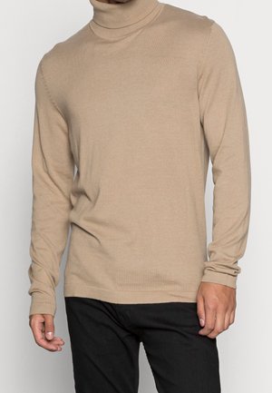 Beige Rollkragenpullover aus weichem Strickmaterial mit langen Ärmeln und einer taillierten Silhouette. Gerippter Kragen und Bündchen. Kombiniert mit schwarzen Hosen.