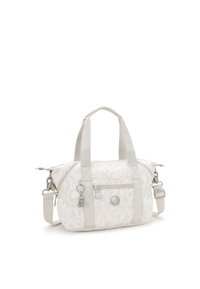 Borsa a mano in tessuto bianco con texture patterned, tracolla regolabile, manici superiori, tasca con zip frontale e dettagli in metallo argentato.
