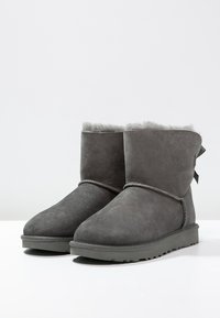 Bottes chelsea en suede gris avec une douce doublure en fourrure, un bout arrondi et un accent en nœud sur le talon, dotées d'une semelle plate en caoutchouc.