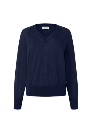 Suéter de punto ligero de color azul marino con cuello en V, que cuenta con mangas largas, puños acanalados y una cintura ajustada.