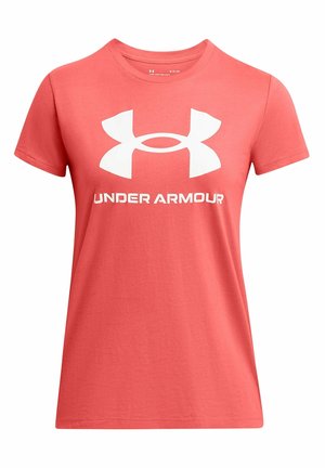 Koraalroze Under Armour T-shirt met korte mouwen met groot wit logo en merknaam in het midden van de borst.