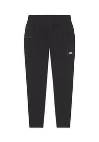 Zwarte sportleggings gemaakt van rekbaar materiaal, met twee zijzakken, een hoge tailleband en een klein logo aan de linkerkant.