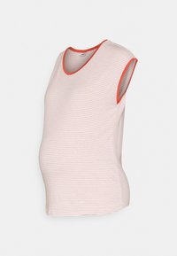 Top de maternidad en tejido de rayas rosa y blanco. Presenta un escote redondo con ribete naranja y un diseño corto sin mangas.