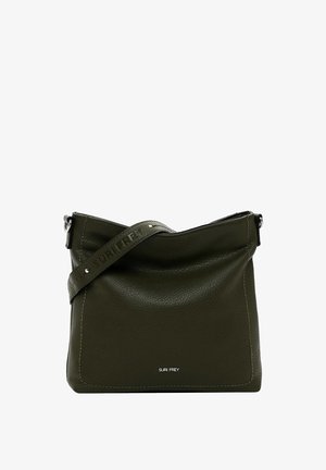 Borsa a tracolla verde in pelle con una finitura testurizzata, design con parte superiore piegata e una tracolla con logo. Presenta hardware e cuciture in tonalità argento.