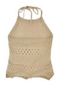 Top halter de punto en beige, con acentos de tejido abierto y un dobladillo en forma de concha. Se ata en el cuello para un ajuste seguro. Texturizado y ligero.