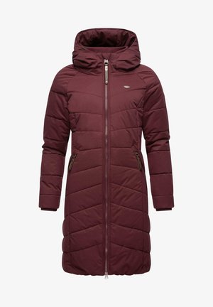 Burgundy padded coat with a zip closure, large hood, diagonal quilted pattern, and side pockets highlighted with dark accents.